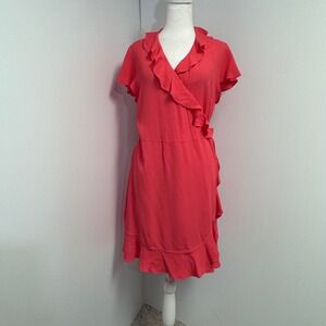 Draper James Coral Pink Ruffle Wrap Dress Midi Size 14‎ Coastal Feminine Resort